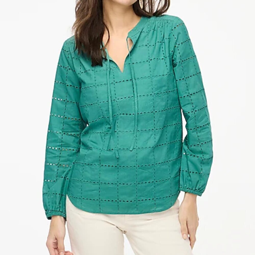 J. Crew Long Sleeve Lightweight Cotton Eyelet Tie Neck Top Size S NWT - Picture 1 of 7